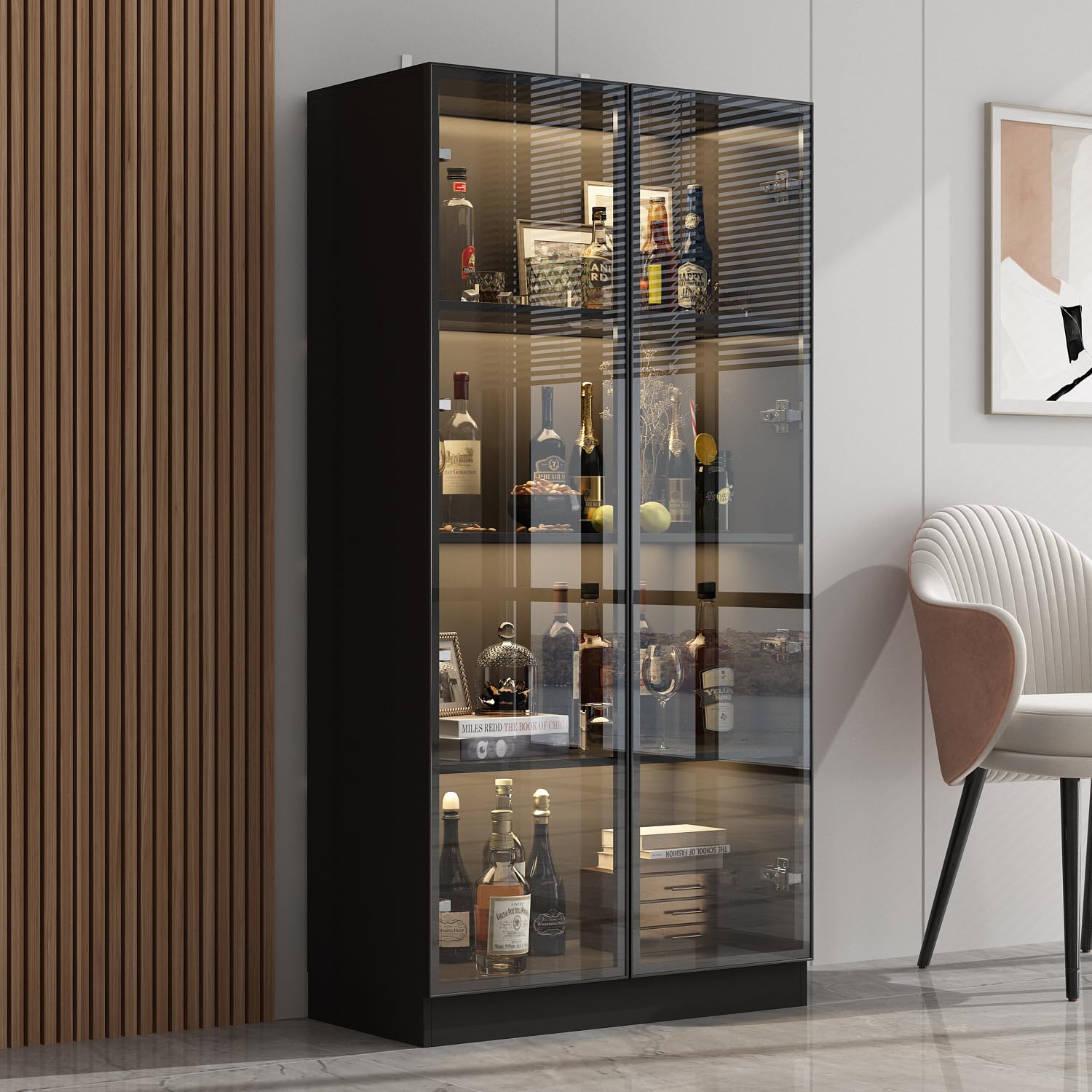 4-Tier Bookcase with Glass Doors & LED Lights