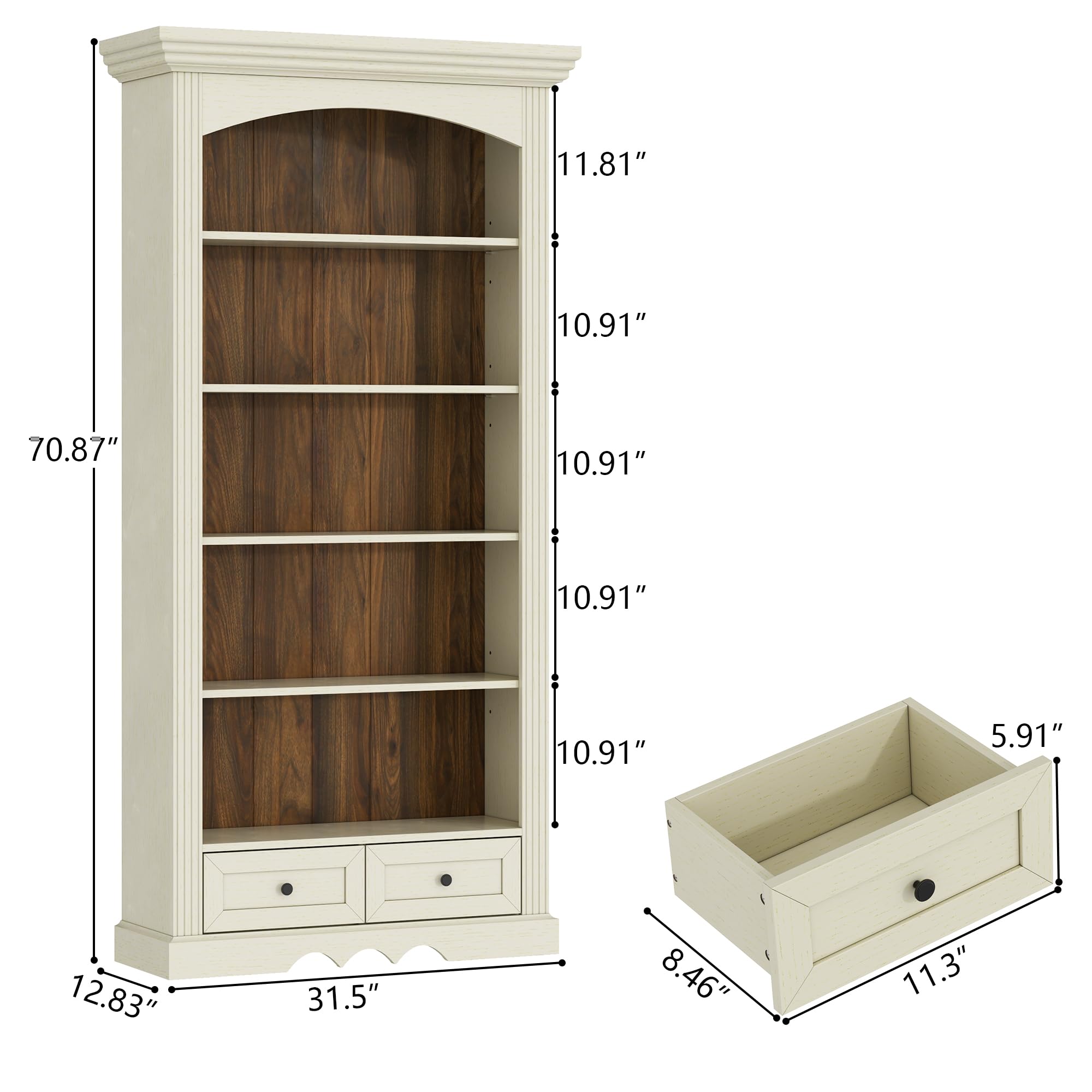 Gyfimoie 71’’ Tall Arched Bookcase with Stroage, Farmhouse 5-Tier Arch Bookshelf with Drawers, Freestanding Book Shelf with Adjustable Shelf and Roman Column Pattern for Home Office (1, White)