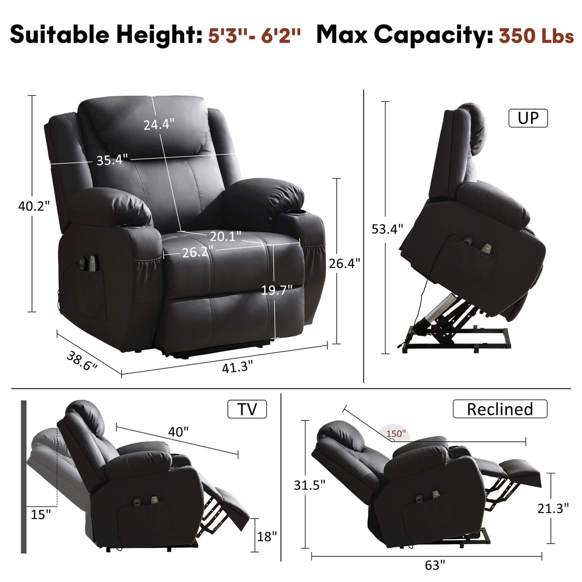 Korser Oversized Power Lift Recliner Chair with Massage and Heat for Elderly, 26" Overstuffed Wide Electric Recliner with 2 Side Pockets, Cup Holders, Lift Chair for Living Room, Faux Leather, Black