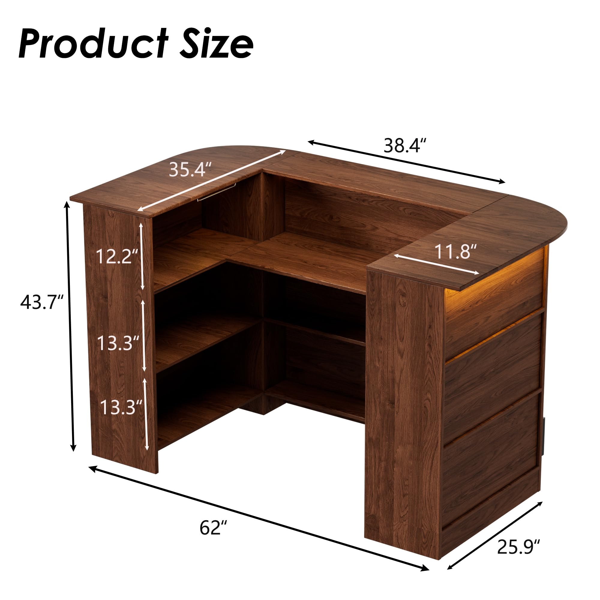 PAKASEPT Home Unit Bar Cabinet with LED Light & Stemware Holders, 3 Tier Liquor Bar Wooden Storage Cabinet, Modern U-Shaped Liquor Table Cabinet for Living Room, Dining Room