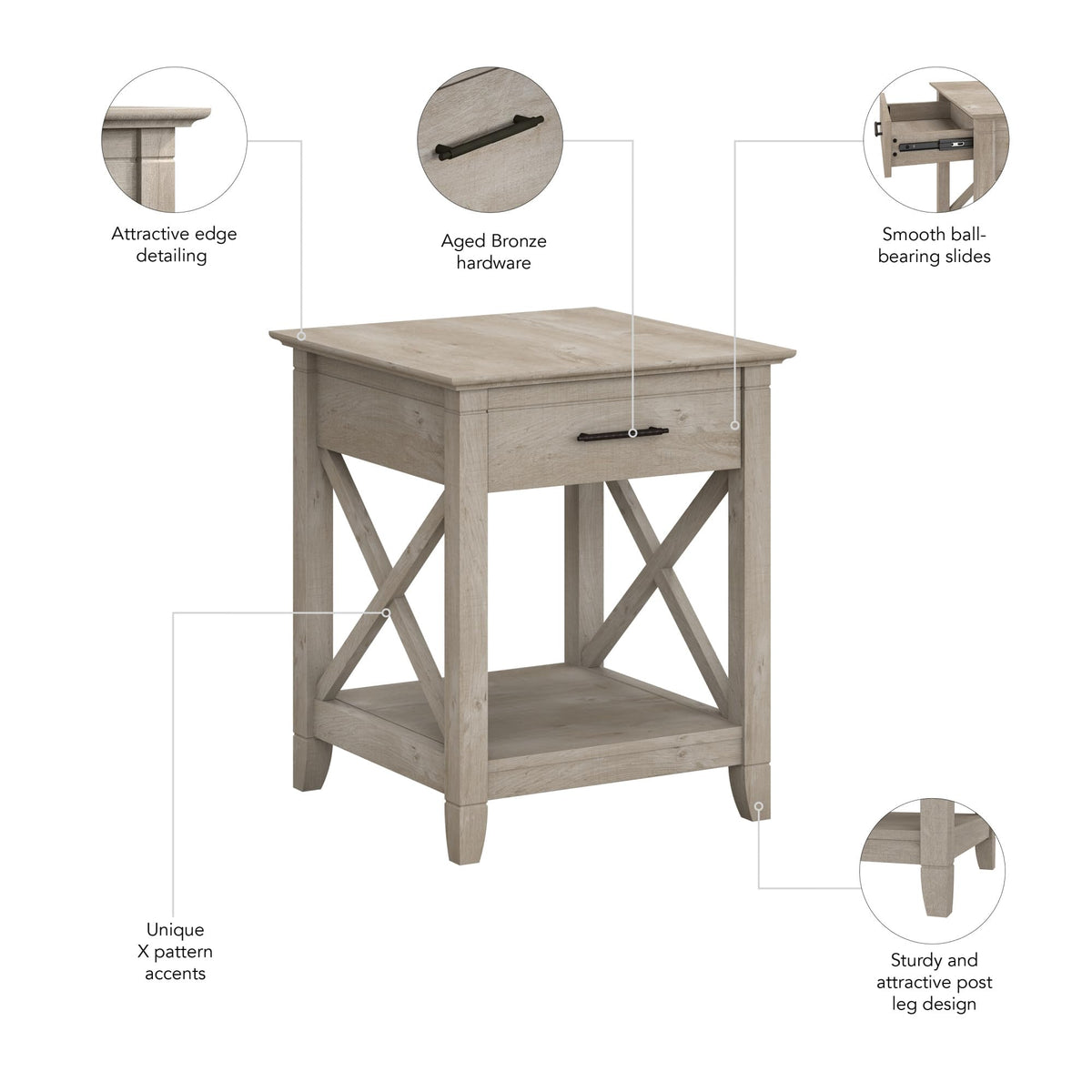 Bush Home End Table with Drawer, Nightstand with Storage, Living Room and Bedroom Furniture, Key West Collection, Washed Gray