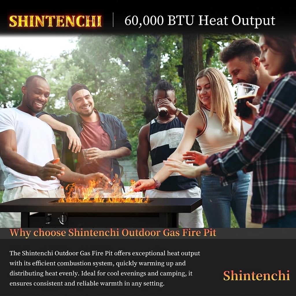 Shintenchi 42" Propane Fire Pit,60,000 BTU Gas Fire Pit Table,Black