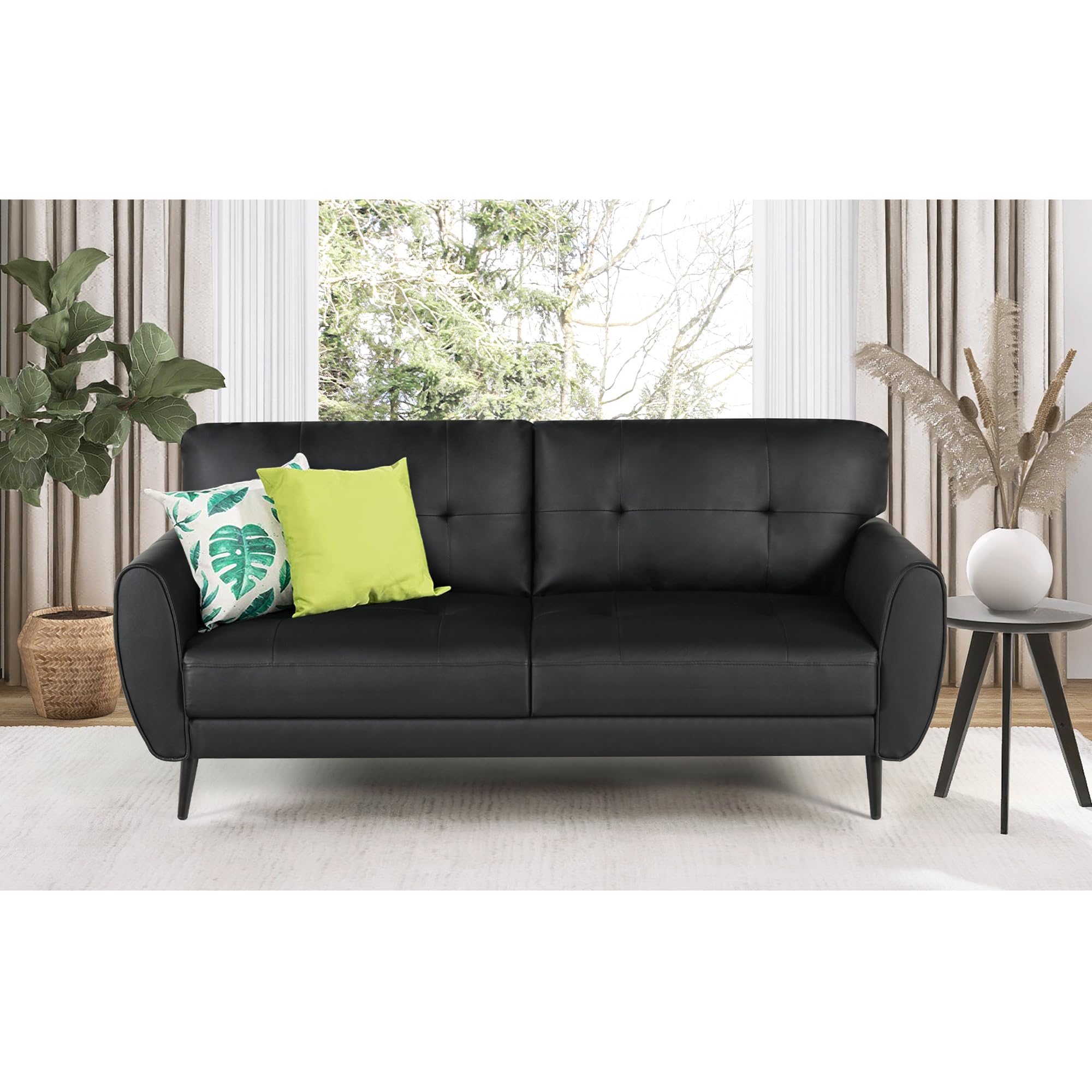 VAMEPOLE 60" Loveseat Sofa for Living Room, Mid Century Mini Black Couch, Tufted Leather Love Seat Furniture, Comfy Office 2 Seat, Small Couches for Small Spaces, Bedroom, Apartment