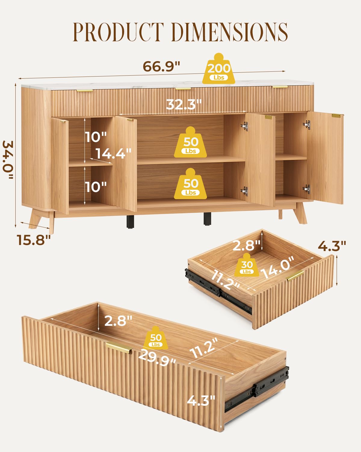 Marsdorgan 67"  Large Sideboard Buffet Cabinet with Storages, Natural Oak