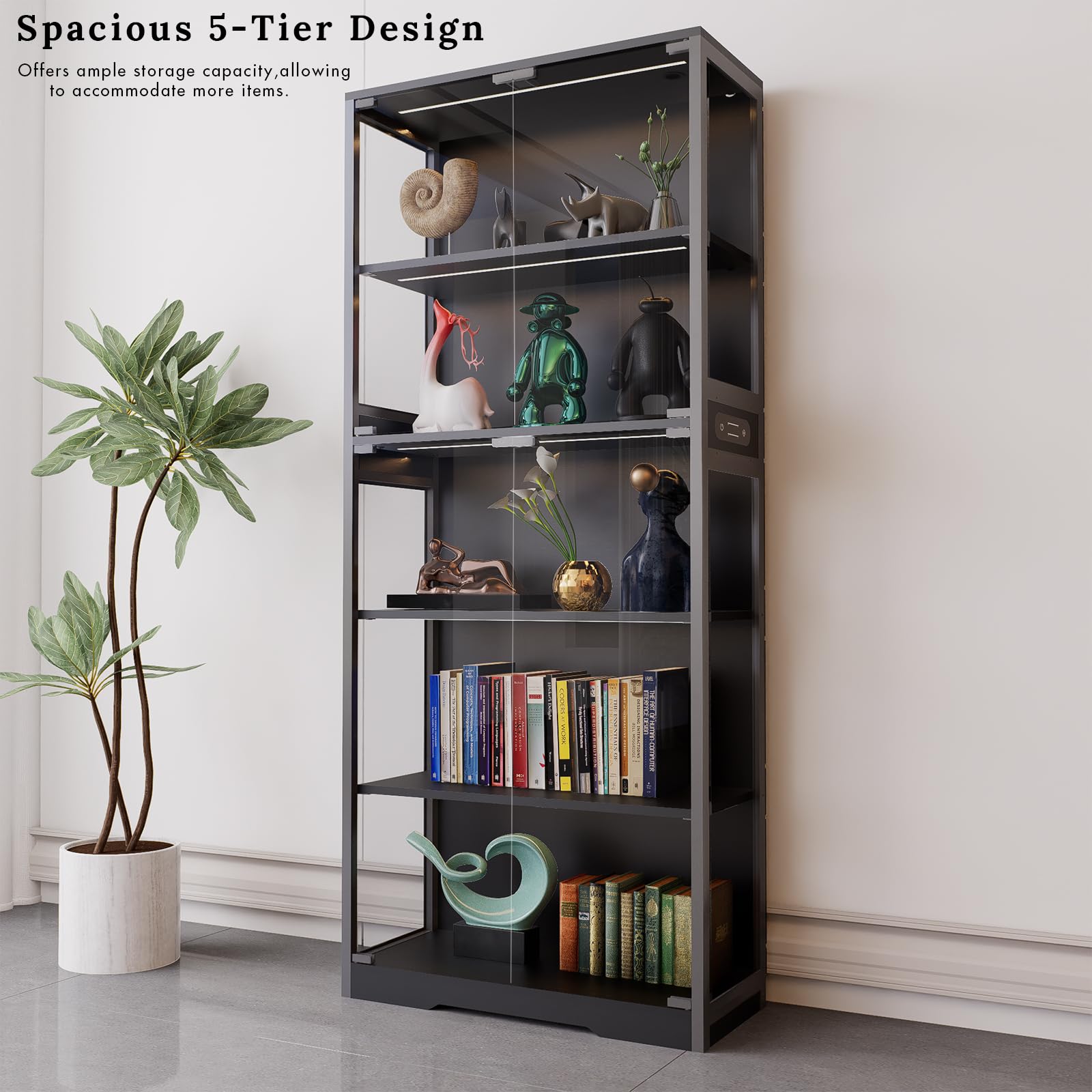 5-Tier Glass Display Cabinet with LED Lighting & Motion Sensor