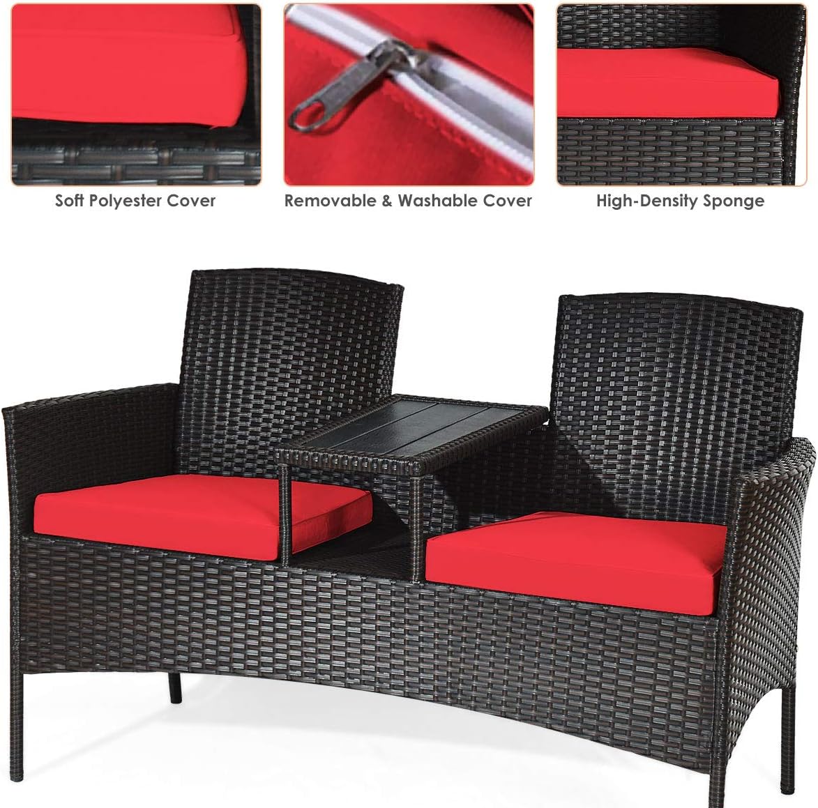 Outdoor Wicker Loveseat Sofa Set with Built-In Coffee Table