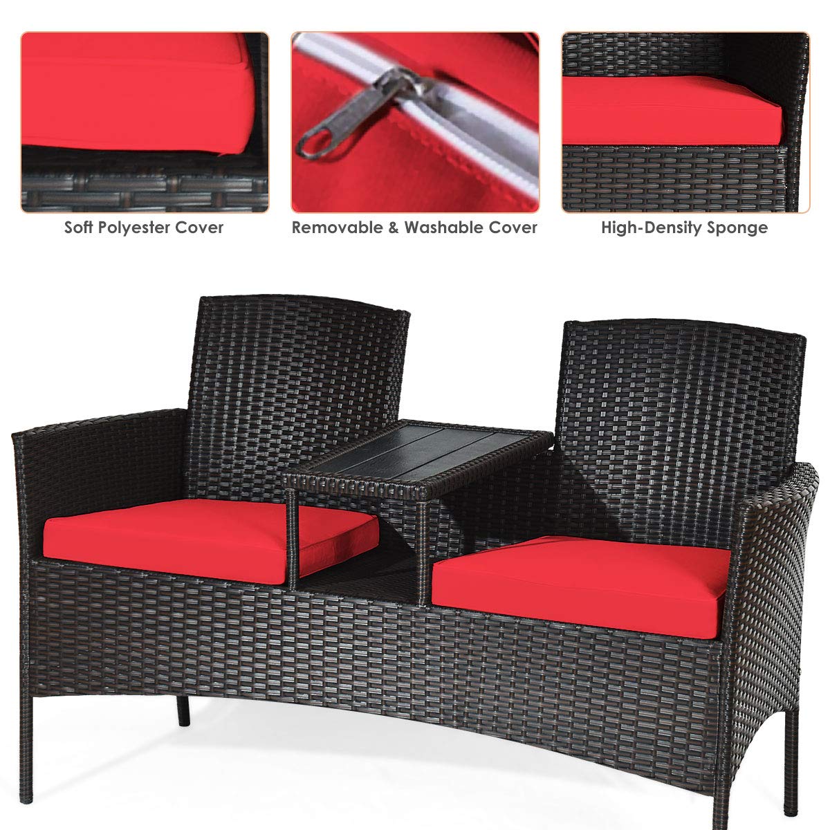 Outdoor Wicker Loveseat Sofa Set with Built-In Coffee Table