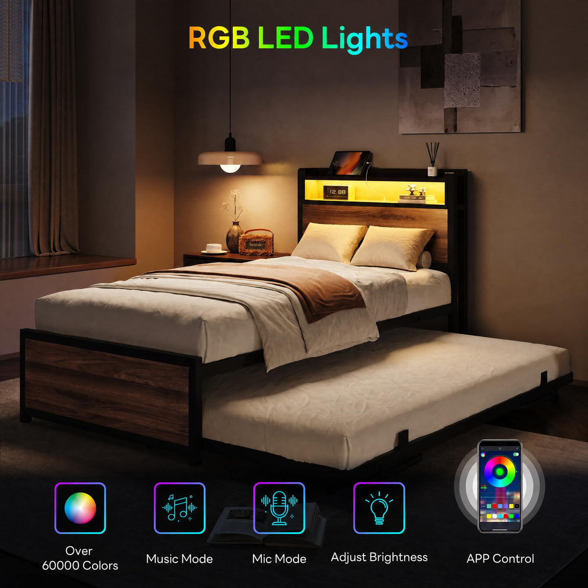LIKIMIO  Twin Daybed with Trundle, LED Lights and Charging Station