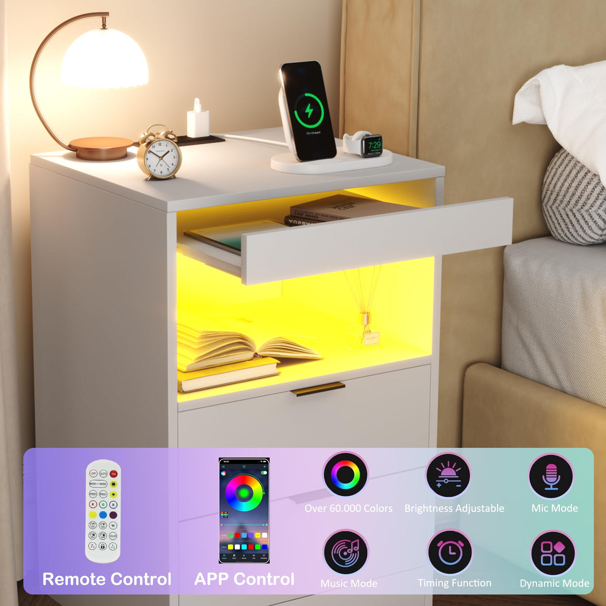 LED Nightstand with Charging Station