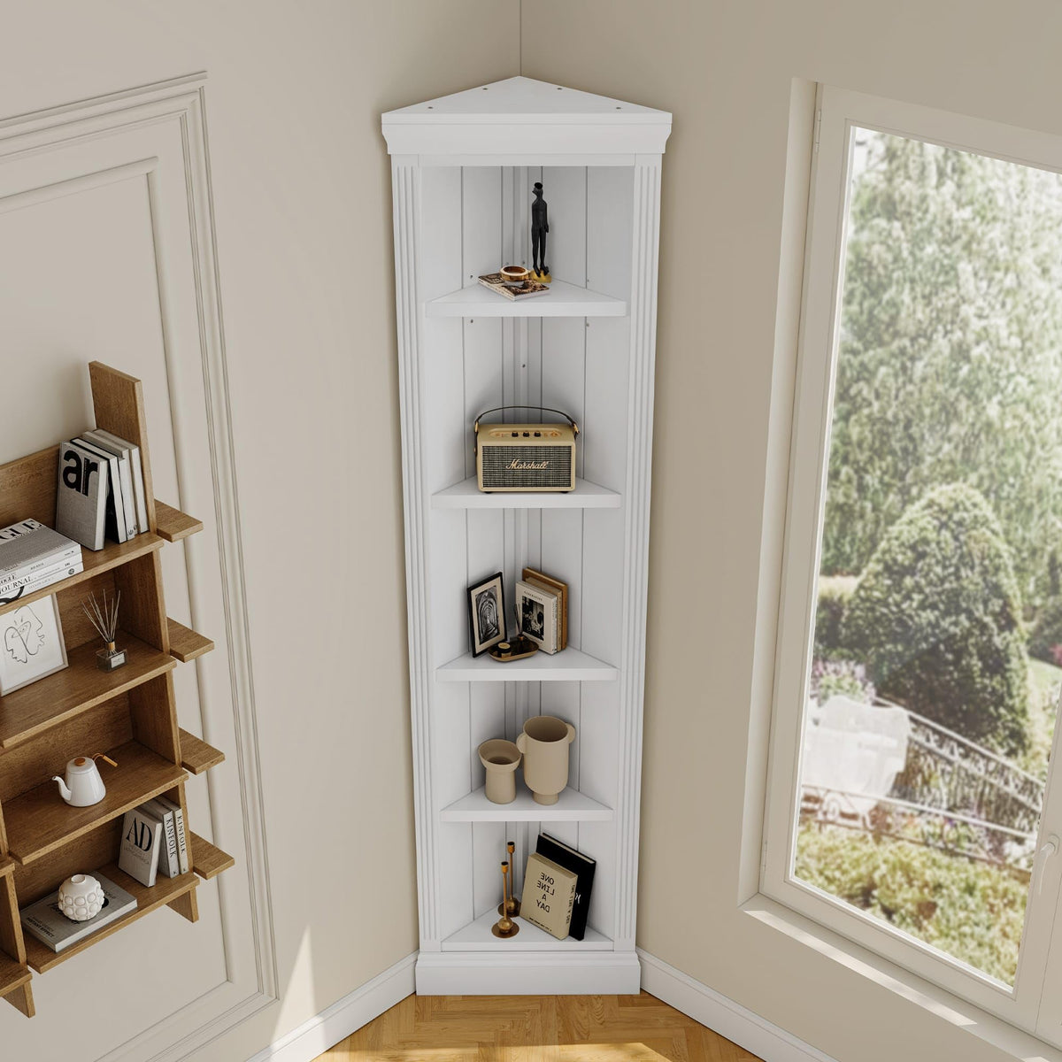 83.4" Tall Corner Shelf, 5-Tier Solid Wood Corner Bookcase, Freestanding Open Storage Display Stand, Modern Tall Plant Rack for Small Space, Living Room, Home Office, White