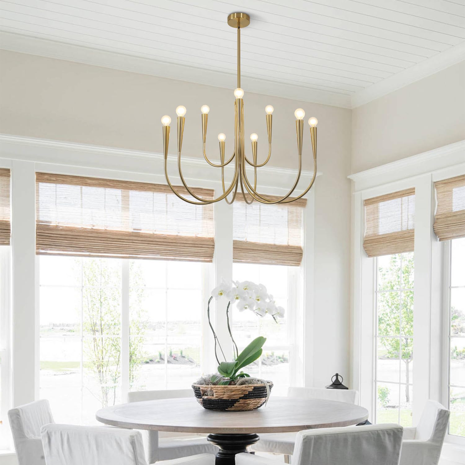 Magiroz 9 Light Modern Farmhouse Gold Candle Chandelier Light Fixtures Large Vintage Brass Metal Candle Pendant Lighting Rustic Industrial Candlestick Chandelier Hanging Dining Room Light MPL26-9 GD