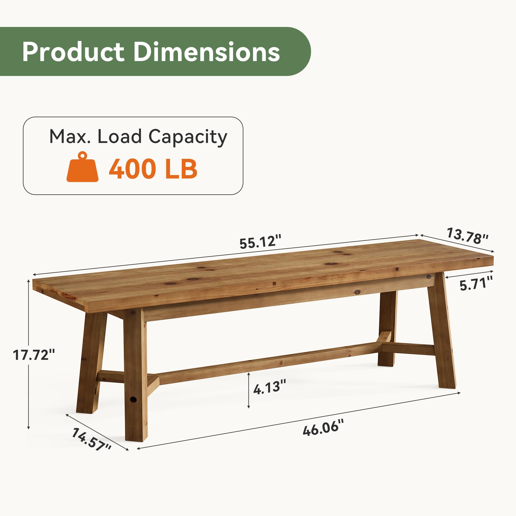 55" Solid Wood Farmhouse Bench