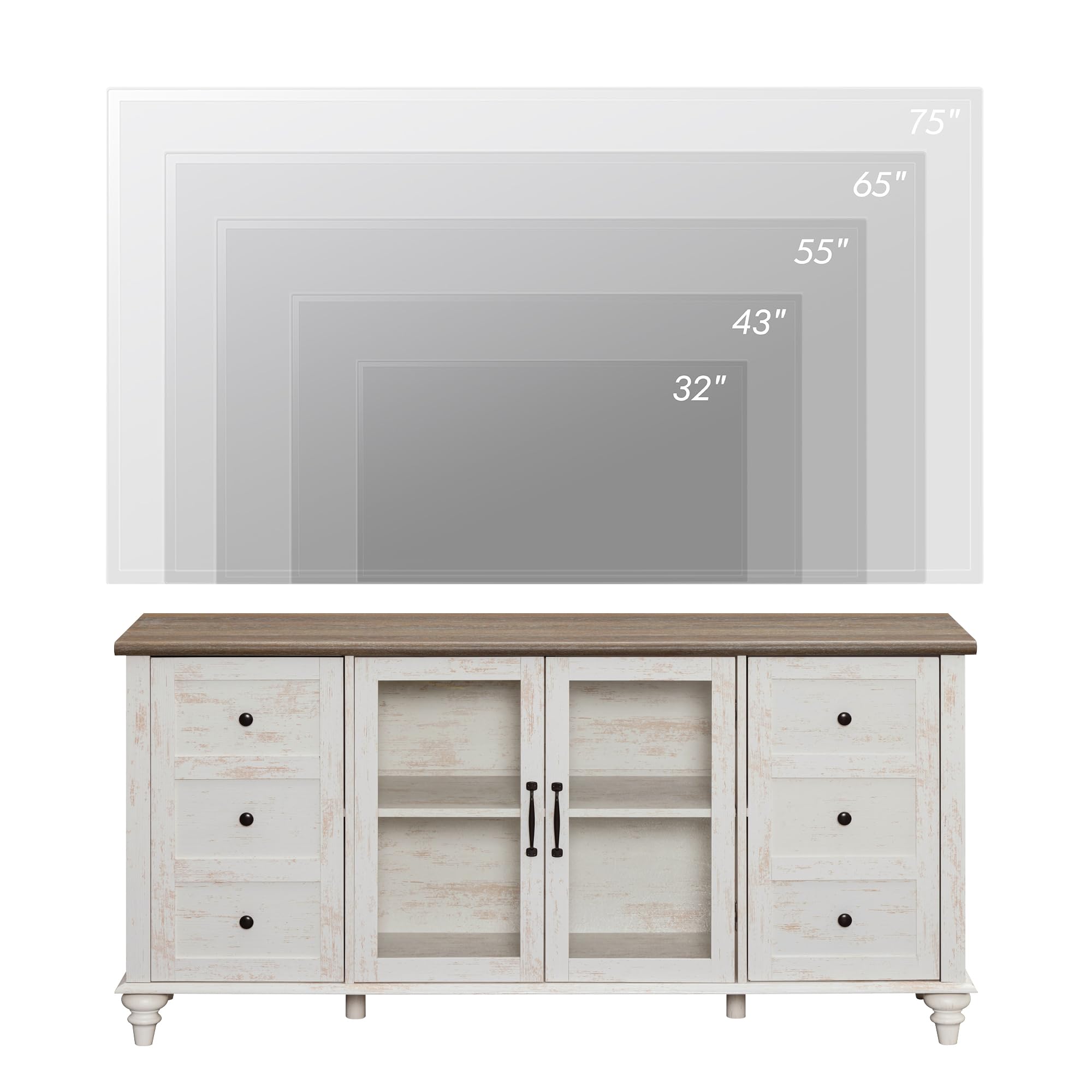 58" Farmhouse TV Stand with Glass Doors & Adjustable Shelf