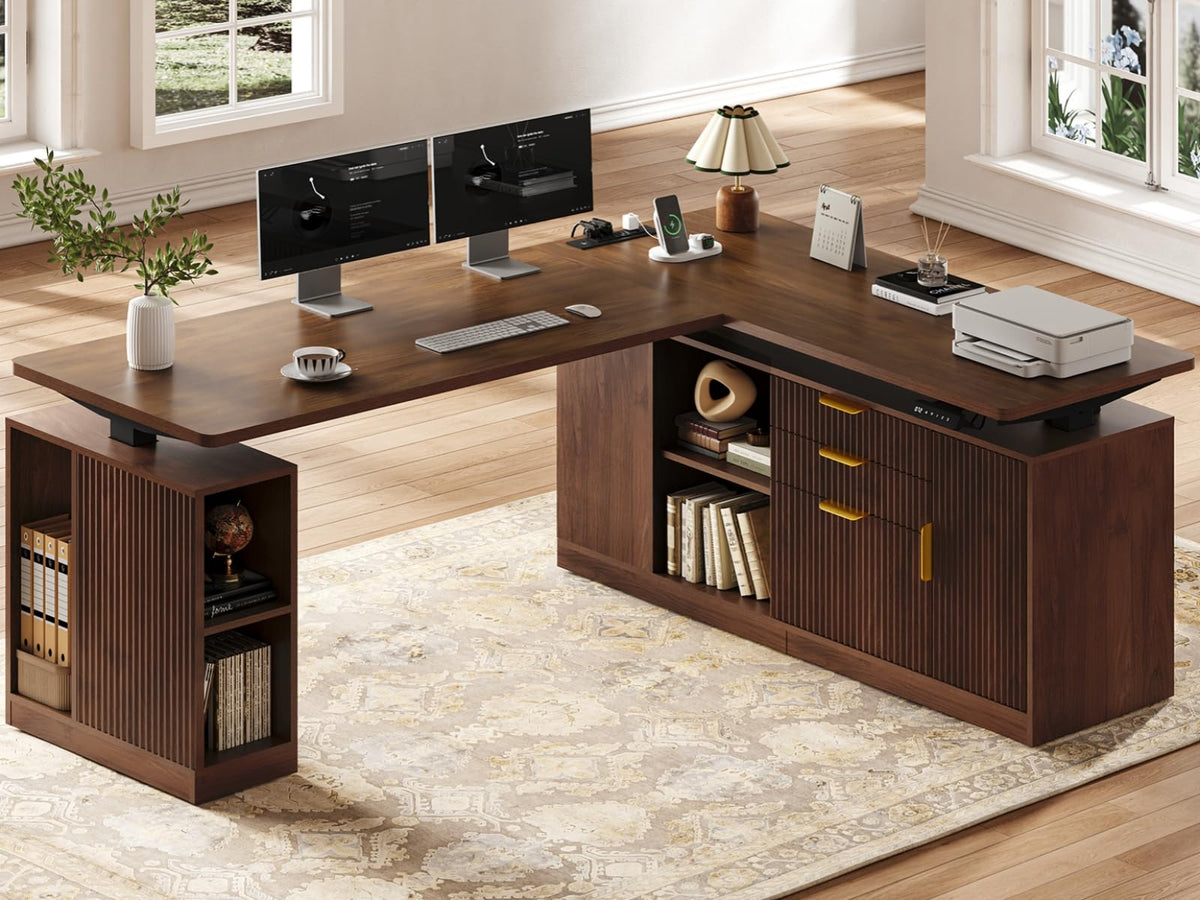 Curlaky L Shaped Electric Standing Desk - Fluted 69" Executive Desk