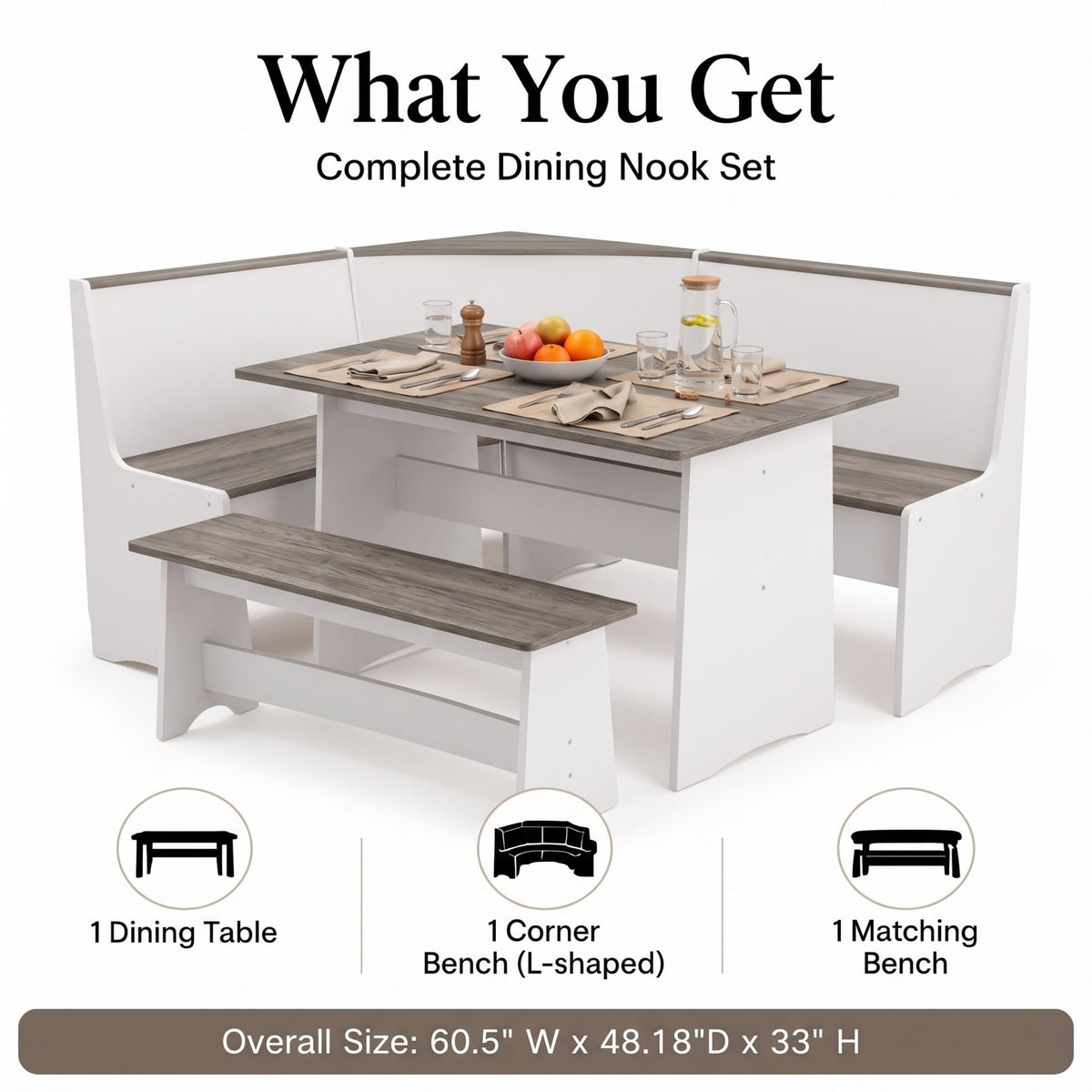 Dekoryn Corner Breakfast Nook Table Set, White and Grey