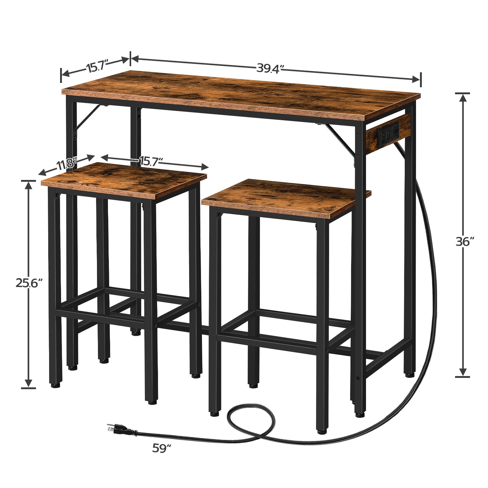 HOOBRO Bar Table and Chairs Set, 39.4" Dining Table Set with Power Outlet, 3-Piece Pub Table Set, Kitchen Bar Height Table with Stools of 2, Space Saving for Living Room, Rustic Brown BF45UBT01