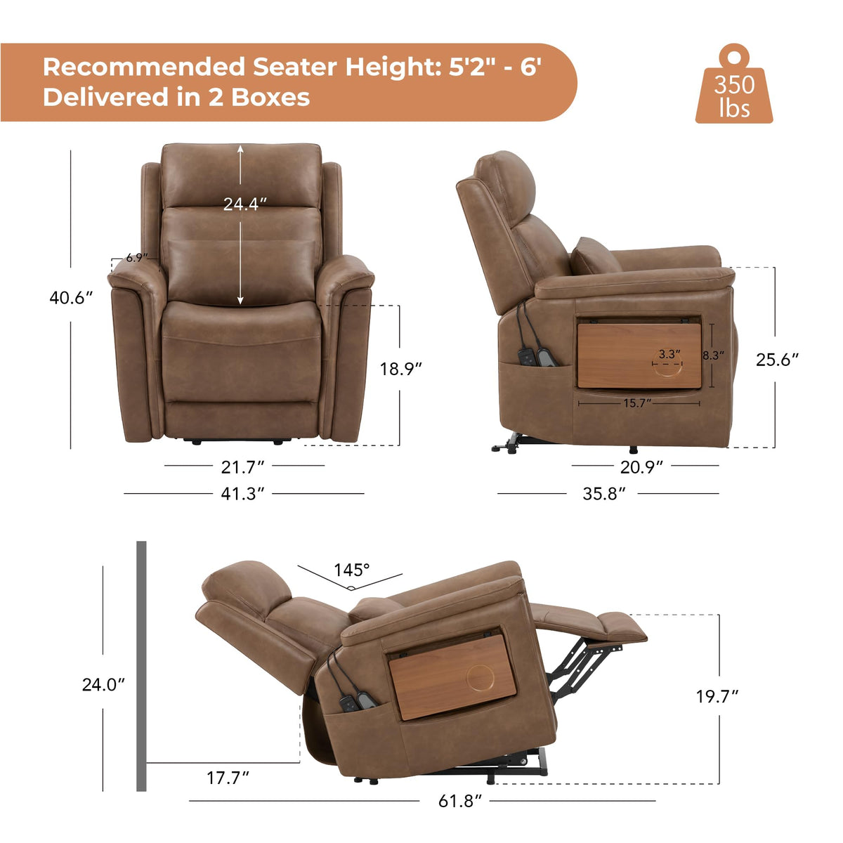 CHITA Leather Power Lift Recliner Chair for Elderly, Heat & Massage, Saddle