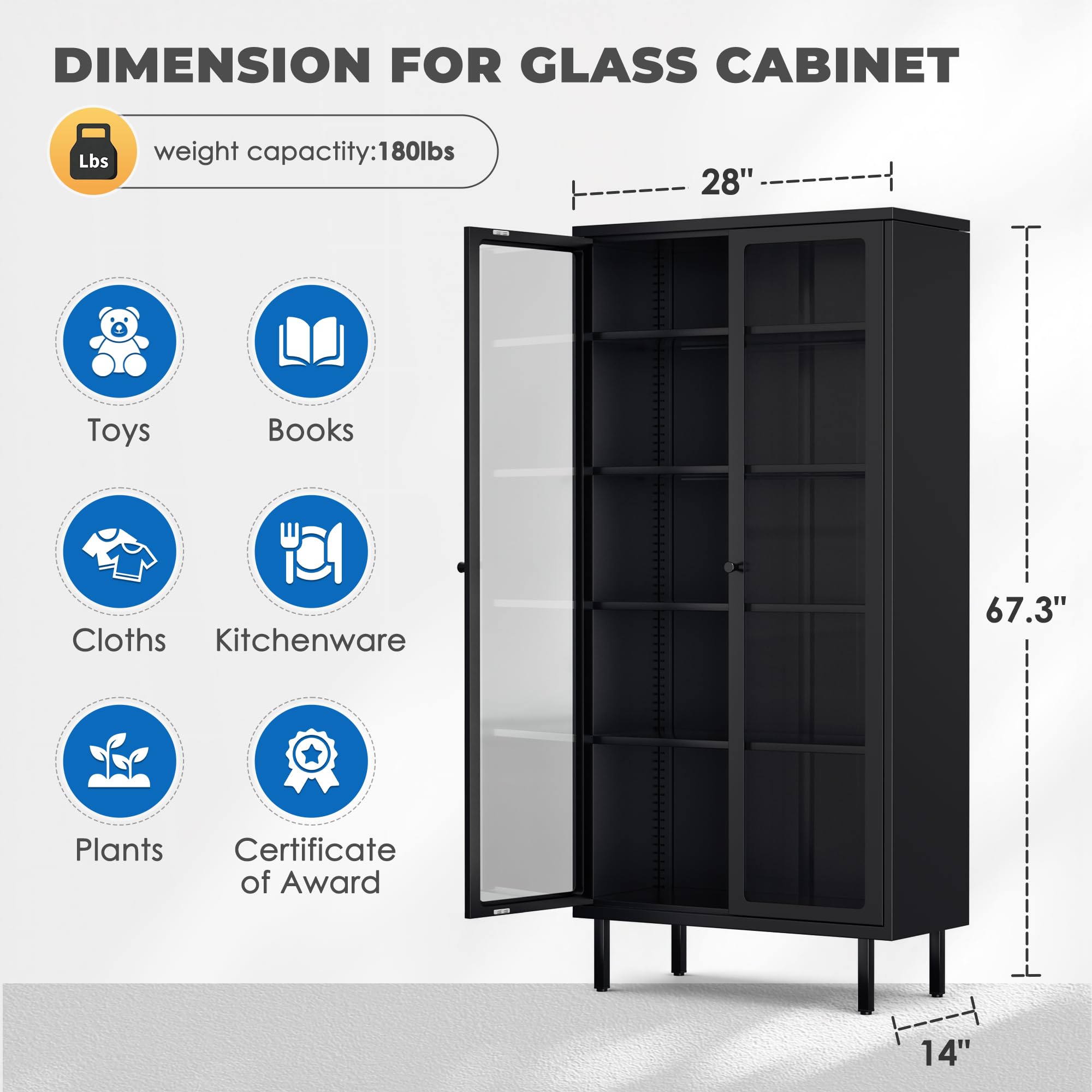 INTERGREAT Glass Display Cabinet, Metal Curio Cabinet with Tempered Glass Doors & Adjustable Shelves, Metal Storage Cabinets for Living Room, School, Plant, Black, Assembly Required