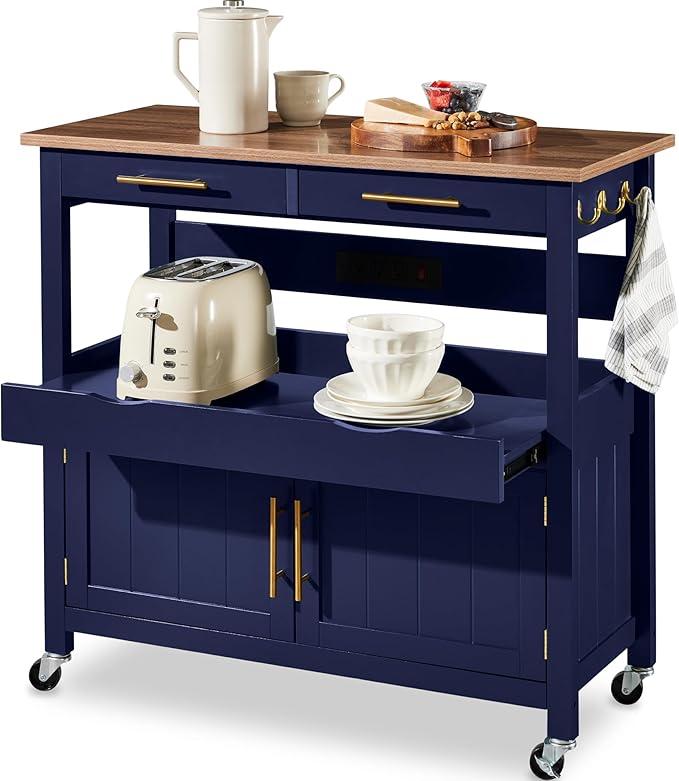 Rolling Kitchen Island Cart with Power Outlets
