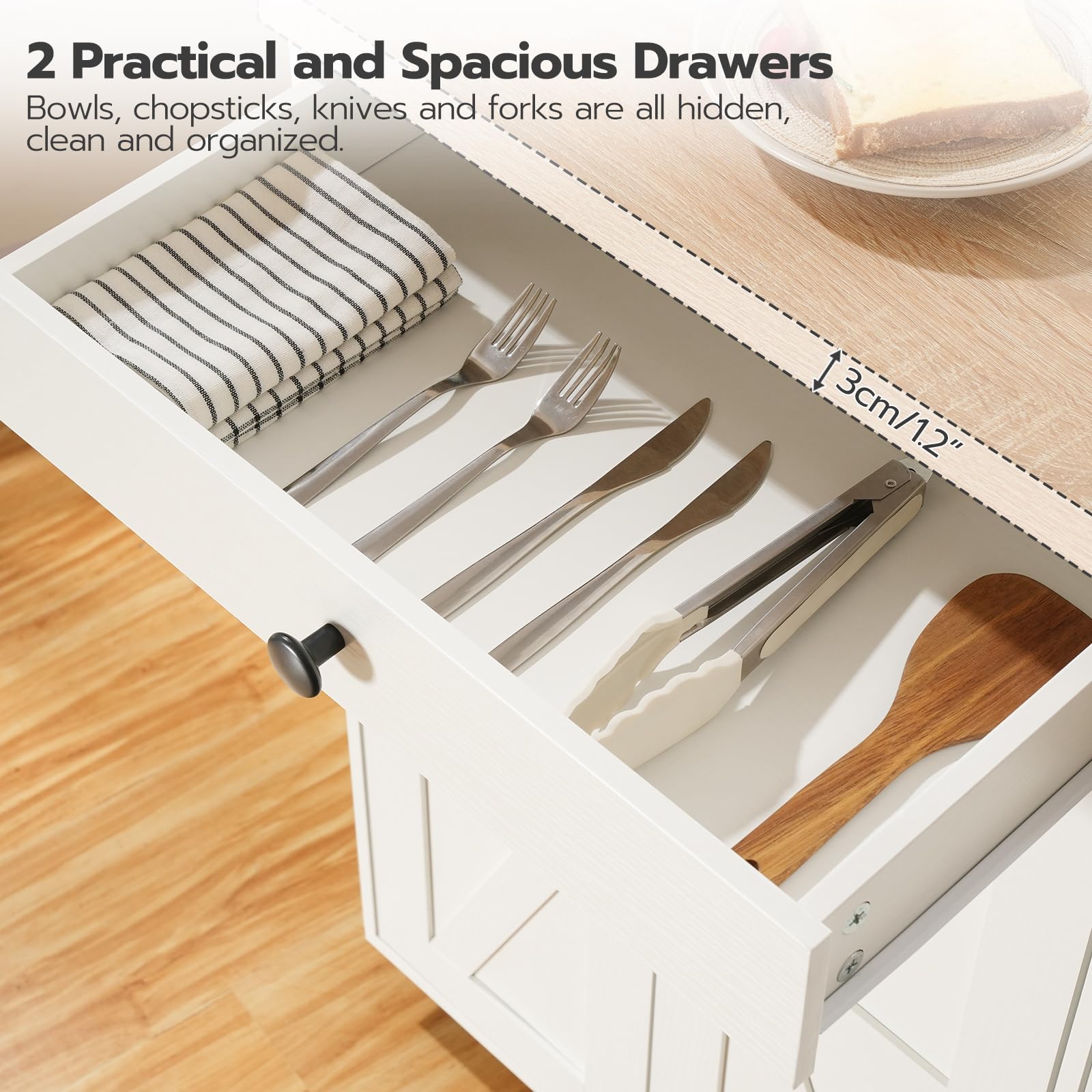 HOOBRO Kitchen Island with Power Outlet, Rolling Kitchen Island with Storage, Kitchen Island Cart with Spice Rack and Hooks, for Dining, Living Room, White and Natural WN11UZD01