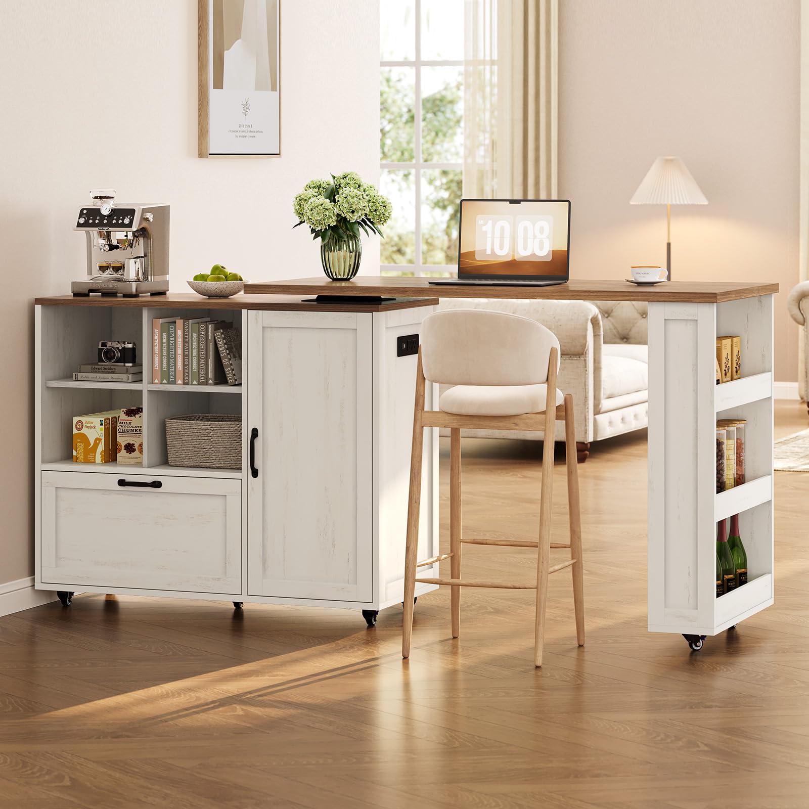 PIXOURA 72" Rolling Kitchen Island Cart with 360° Swivel Tabletop & Power Outlet, Farmhouse Mobile Kitchen Island Storage Cabinet on Wheels with Drawers, Spice Rack for Dining Room,Home Bar,White