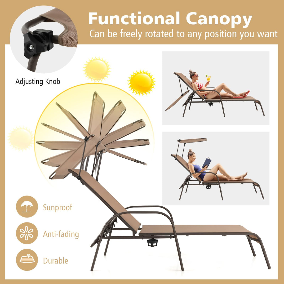 Byroce Patio Lounge Chair with Canopy, Outdoor Chaise Lounger with 5-Level Adjustable Backrest, Arms & Cupholder, Metal Tanning Recliner Chair for Beach, Poolside, Backyard, Garden (1)