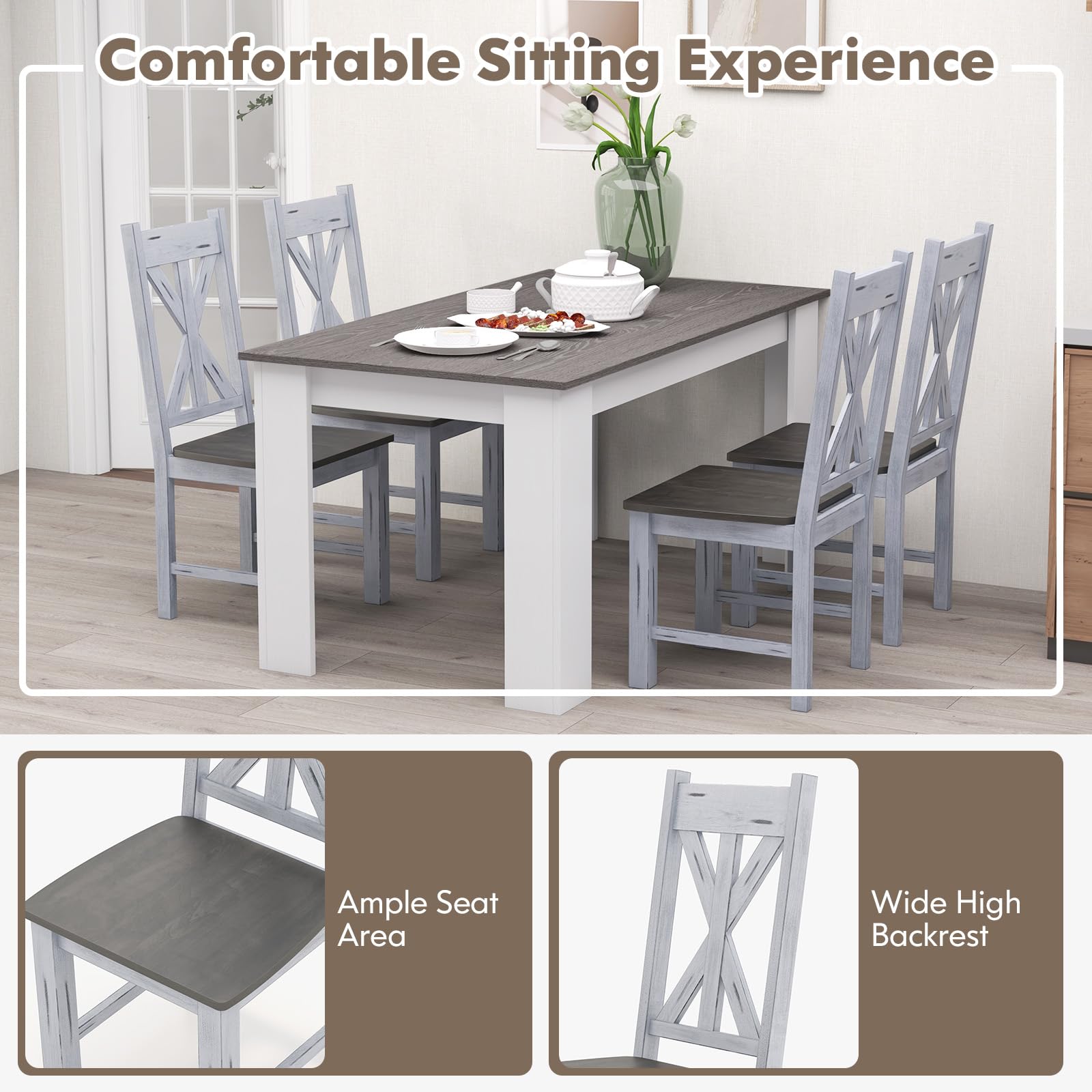 Rubber Wood Dining Chairs, Set of 4 – Hollowed High Back, Grey