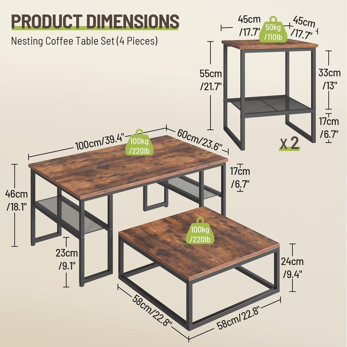 STHYTON Coffee Table Set of 4, Nesting Coffee Table and 2 Side Tables