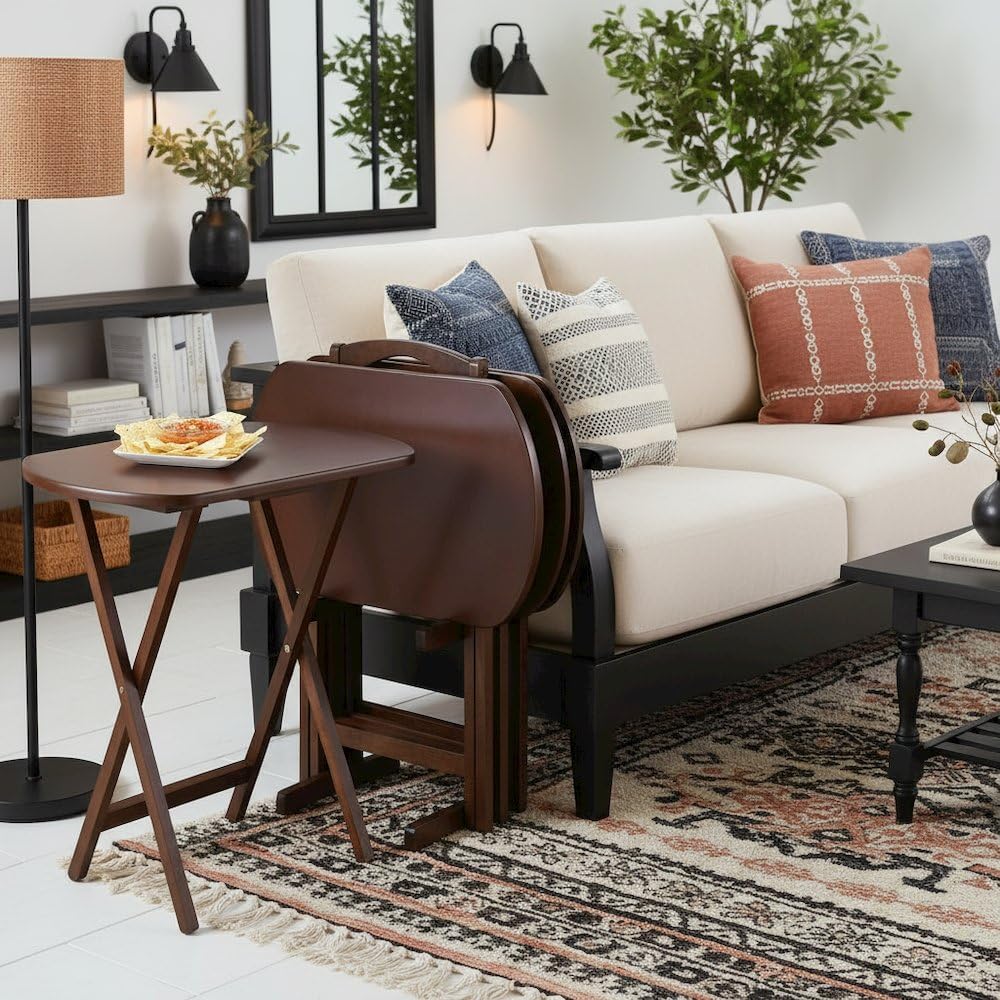 5-Piece Folding TV Tray Table Set with Storage Stand – Antique Walnut