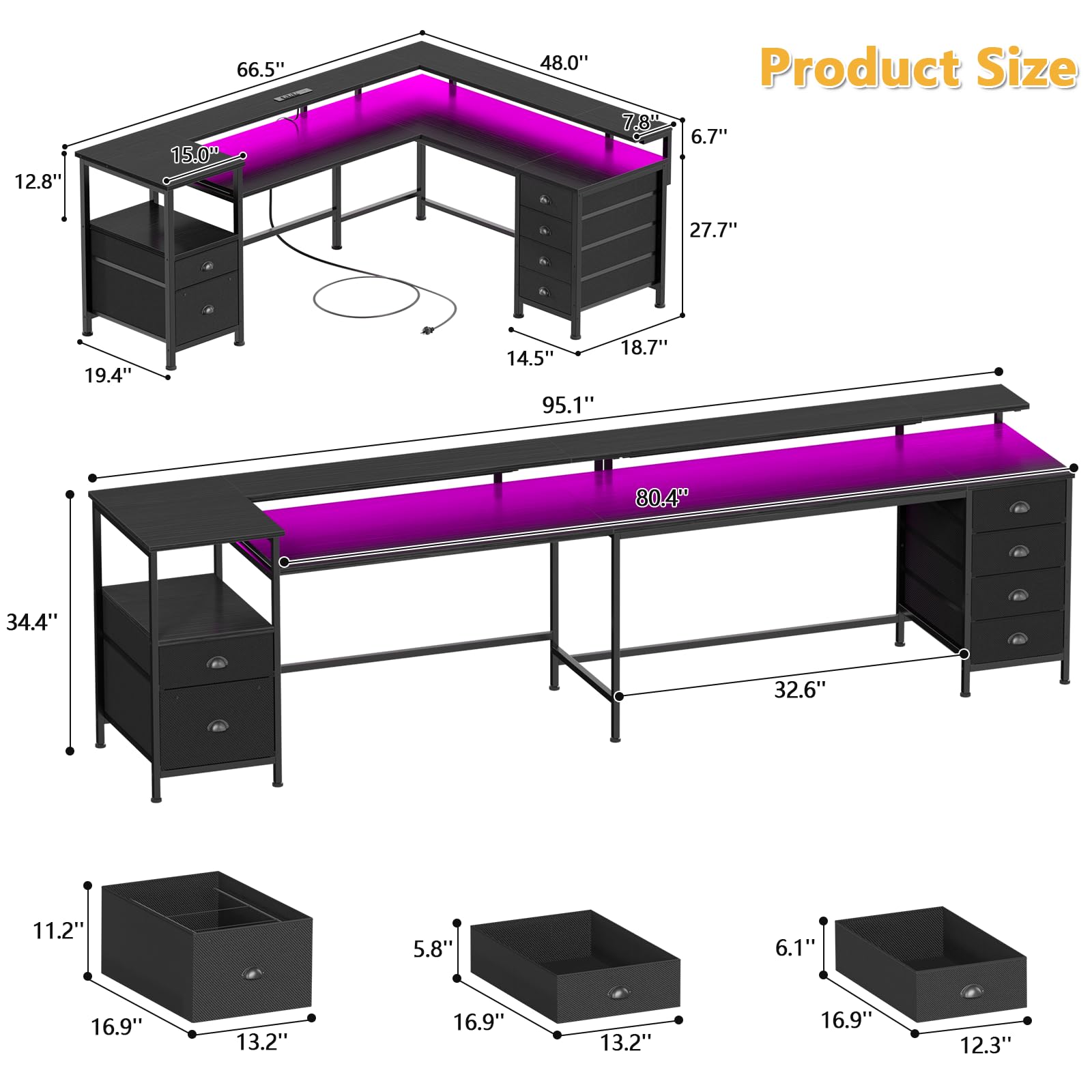 95" Two-Person Gaming & Office Desk with LED Lights, Power Outlets & Storage
