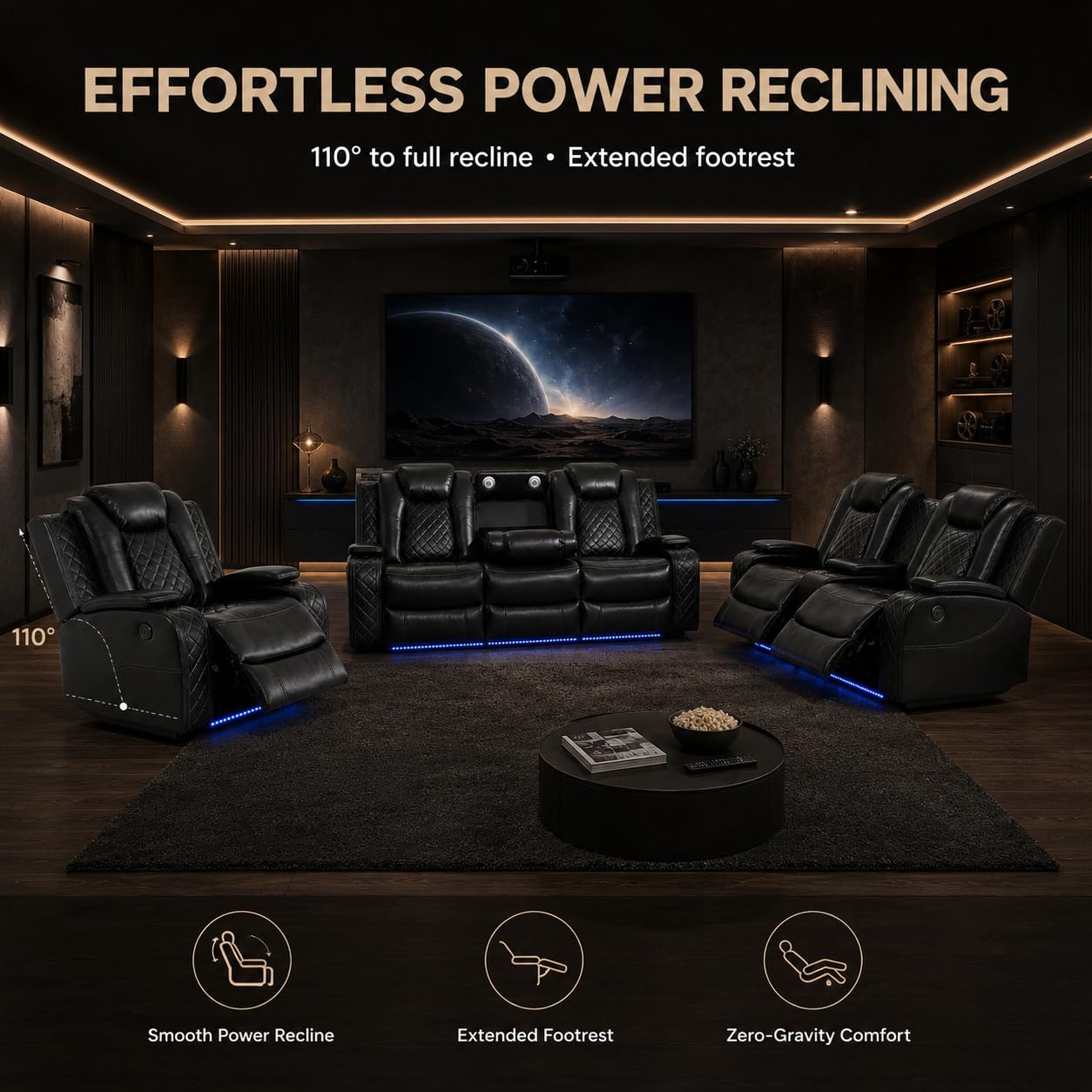 Puduvir Power Reclining Sectional Sofa for Living Room, 3 Pieces Leather Recliner Sofa Set with USB Ports, LED Light, Wireless Charger & Storage Console, Living Room Furniture with Home Theater Seat