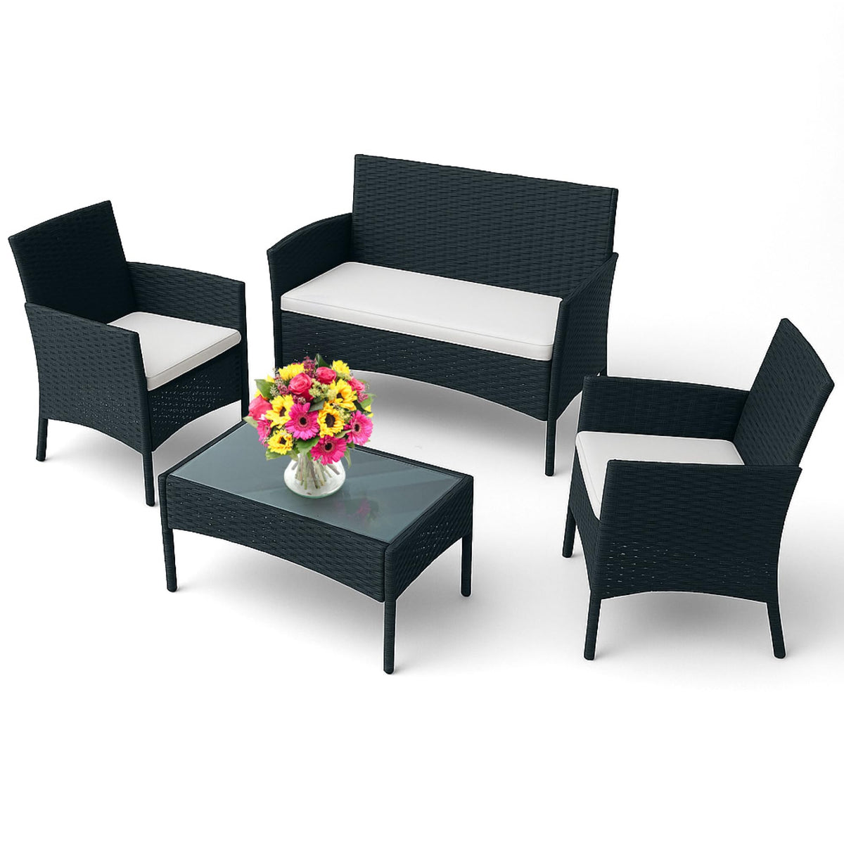 EconoHome 4-Piece Outdoor Patio Furniture Set - Patio Set with 2 Rattan Chairs, 1 Loveseat & 1 Glass -Top Coffee Table - Weather-Proof Wicker with Cushions - Conversation Set for Porch, Balcony, Lawn