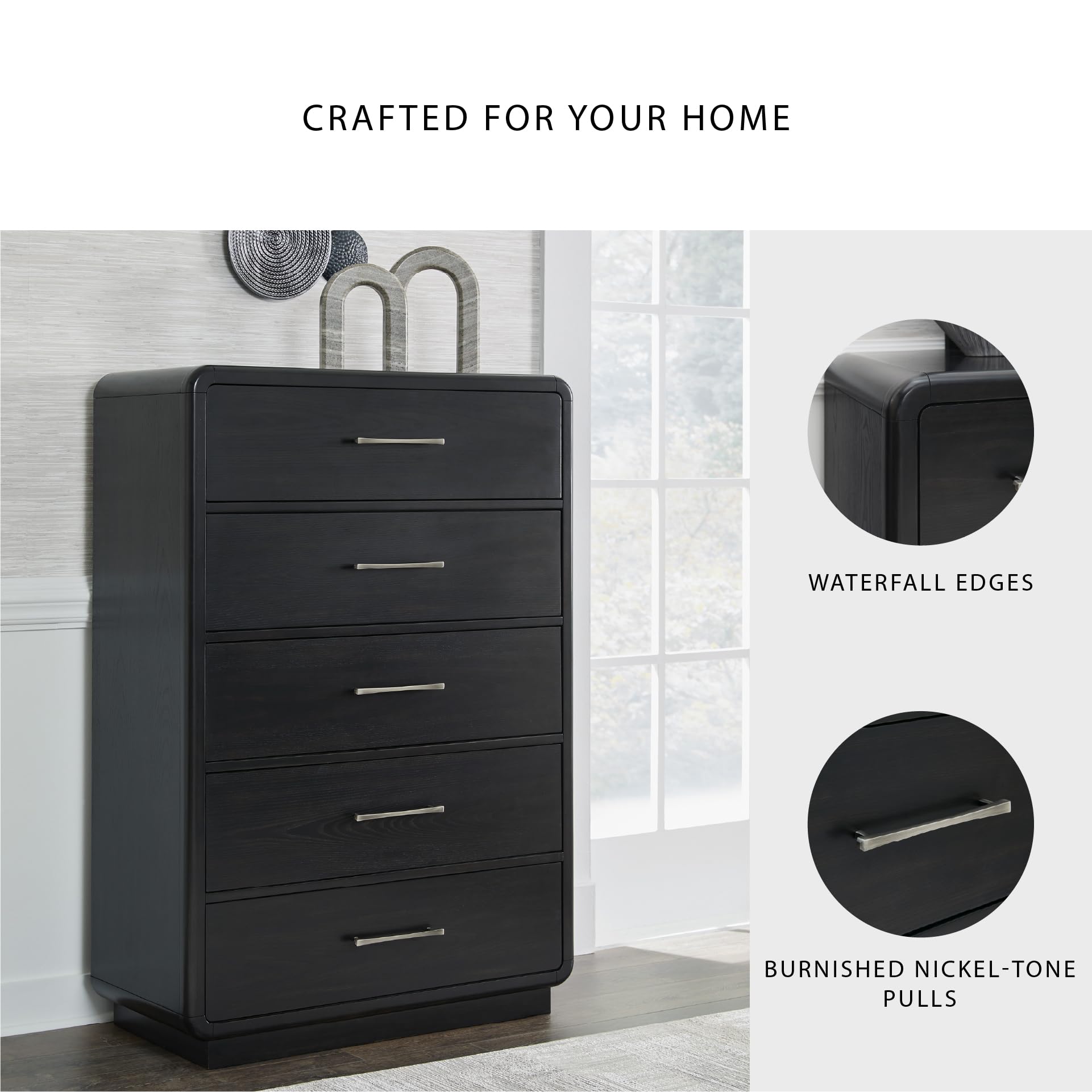 Signature Design by Ashley Rowanbeck Modern 5 Drawer Chest with Felt-Lined Top Drawer and Safety Stop, Black