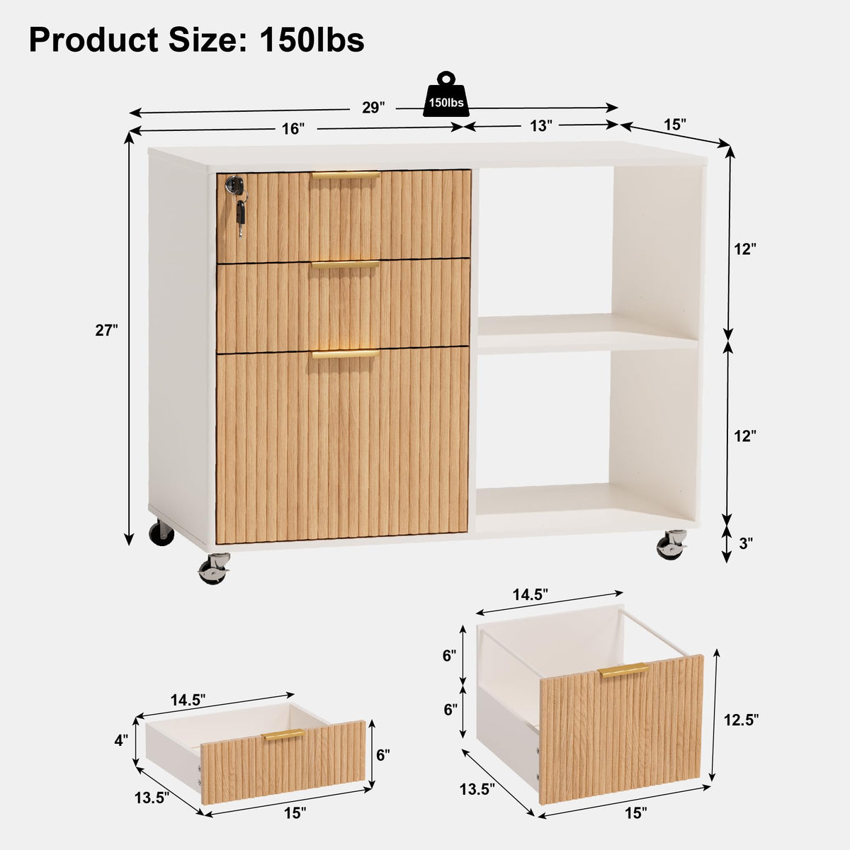 3-Drawer Fluted Mobile File Cabinet