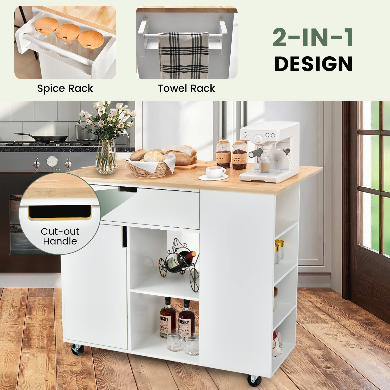 LOKO Kitchen Island with Drop Leaf, Rolling Kitchen Storage Cart with Drawer, Cabinet, 6 Open Shelves, Spice Rack & Towel Bar, Rolling Kitchen Island with Storage & Lockable Wheels (White)