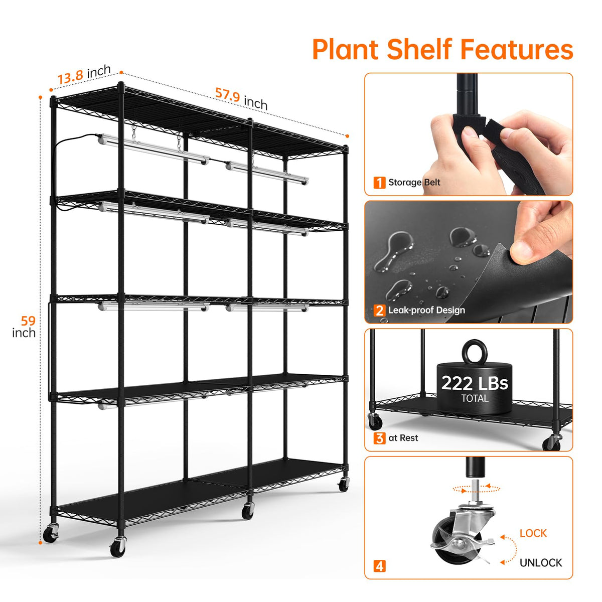 Bstrip 5-Tier Large Plant Shelf with Grow Light, 58x13.8x59in