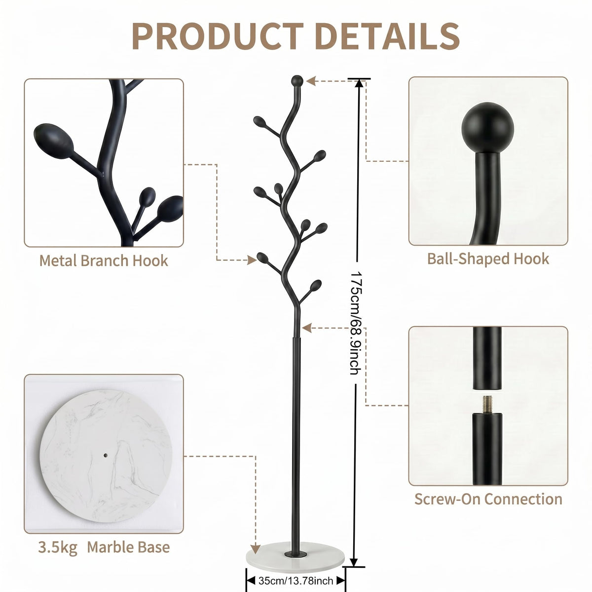 9-Hook Coat Rack with Marble Base