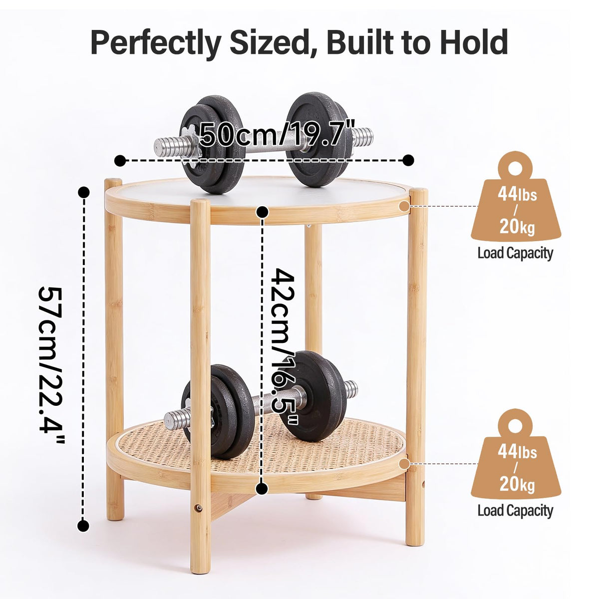 Tiita Rattan Side Table, Modern Round Bamboo End Table, Glass Top, Wood