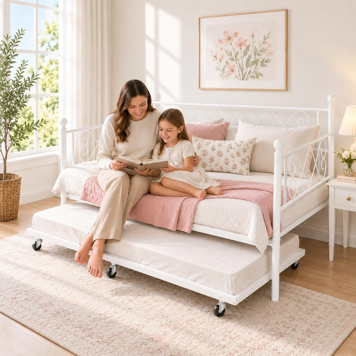 Garvee Daybed with Trundle, Heart‑Shaped Daybed with Trundle, Sturdy Metal Sofa Bed, Heavy-Duty Metal Bed Frame Support, for Living Rooms, Bedrooms, and Guest Rooms, Easy Assembly