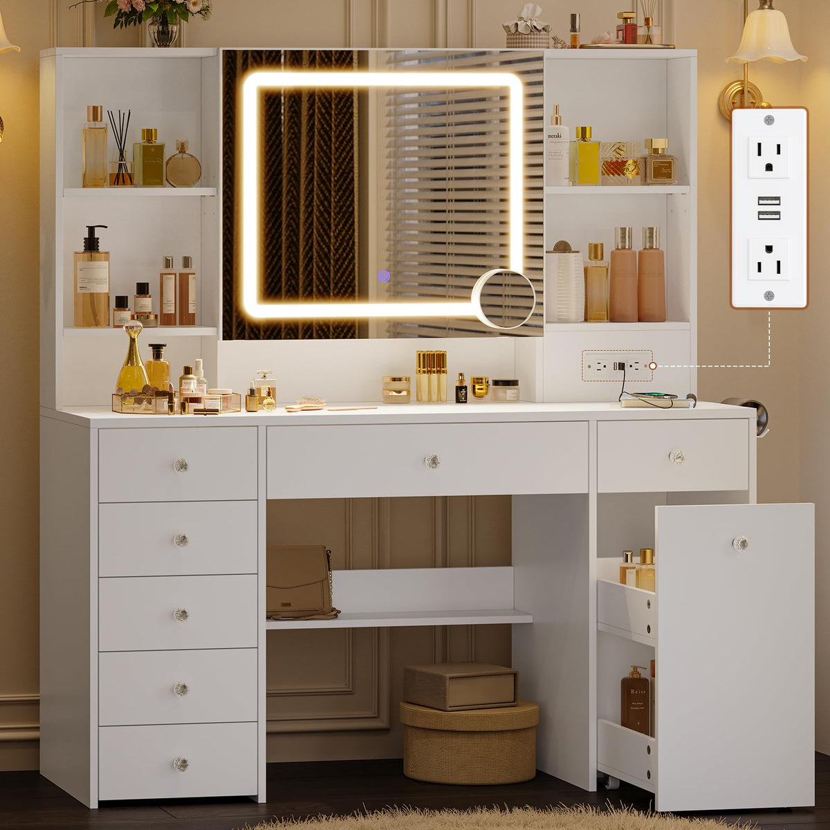 47.2'' Vanity Desk with Mirror and LED Lights, White