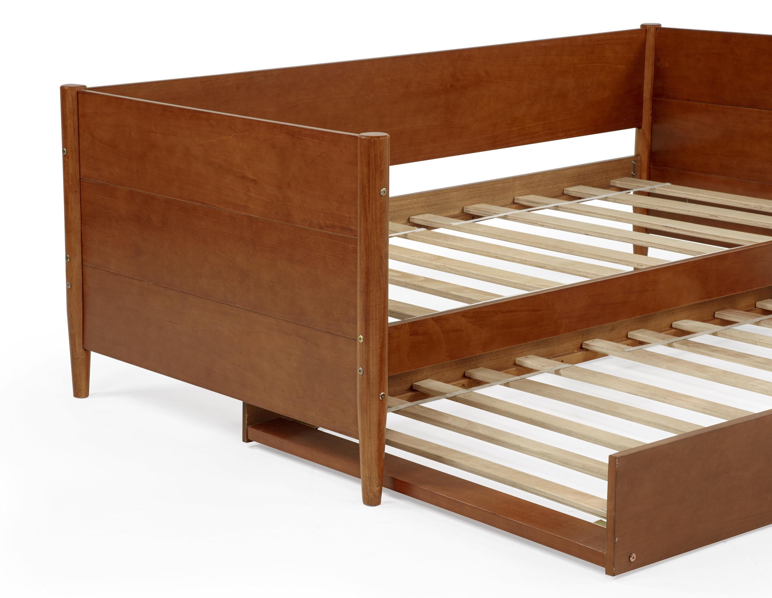 Camaflexi Mid-Century Modern Daybed & Trundle/Solid and Manufactured Wood/Panel Headboard/No Box Spring Needed/Foundation has 14 Wood Slats/Twin Trundle/Easy Assembly, Castanho Finish, Twin.