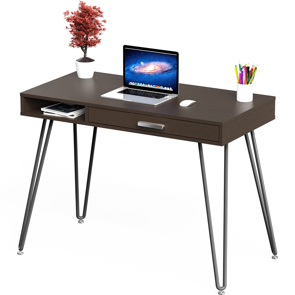 SHW Home Office Computer Hairpin Leg Desk with Drawer, Espresso