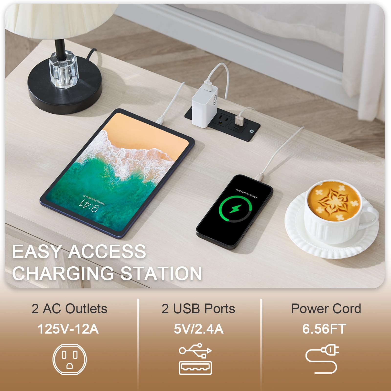 Modern 3-Drawer Nightstand Set of 2 with Charging Station