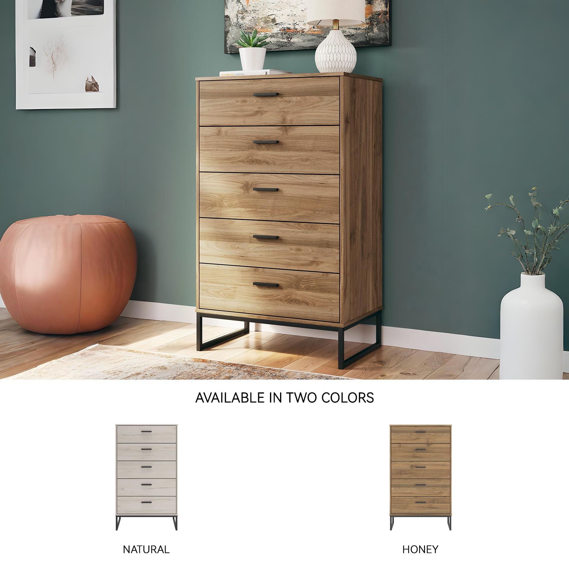 Signature Design by Ashley Deanlow Mid-Century Modern Chest of Drawers with Dark Pewter-Tone Legs and Handles, 5 Storage Drawers, Wood, 50.67" High, Brown