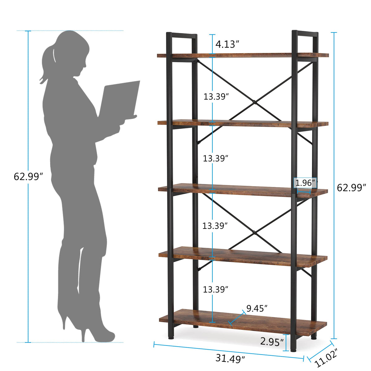 Rustic 5-Tier Industrial Bookcase