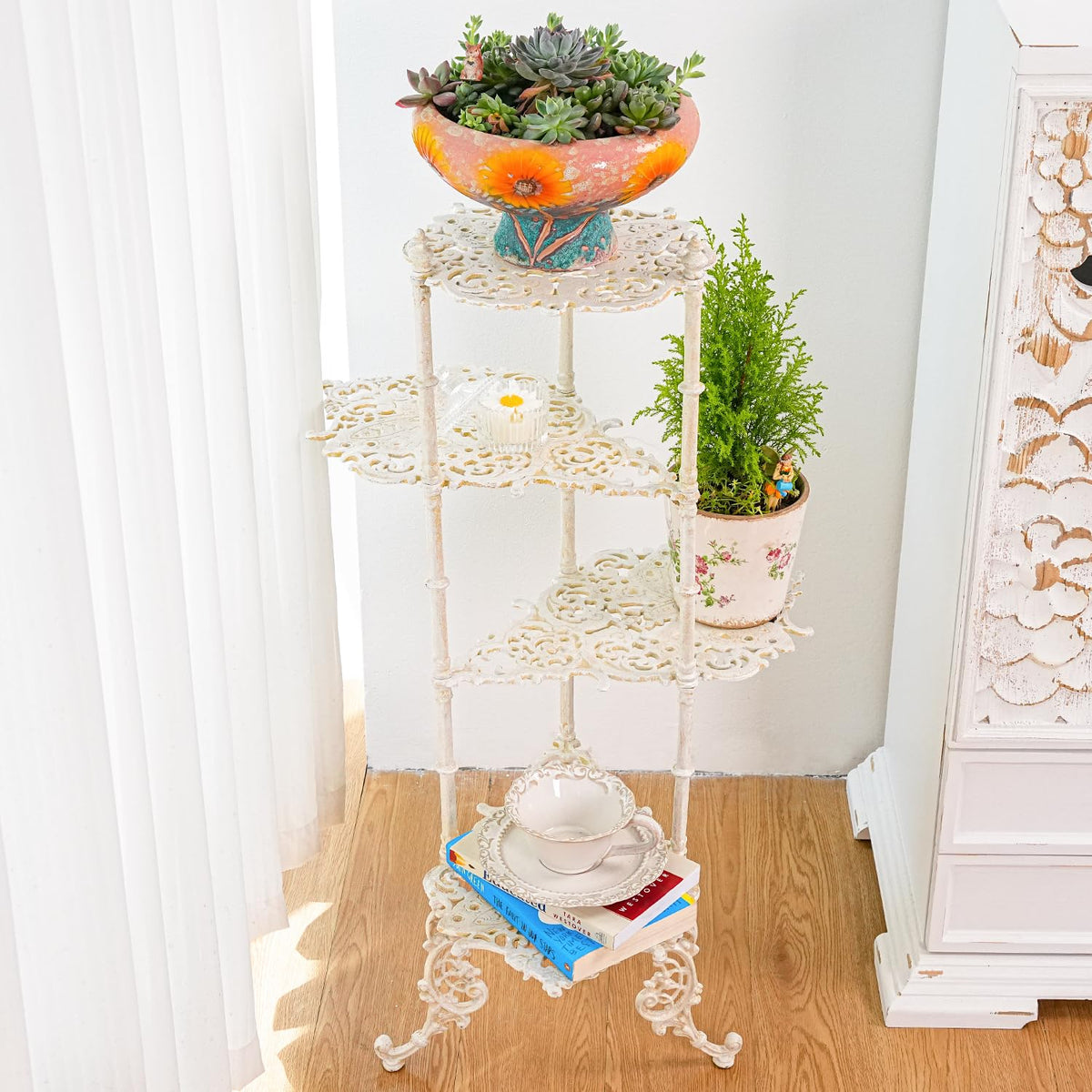 Sungmor Vintage Cast Iron 4-Tier Plant Stand, 36 Inch Tall, Antique White