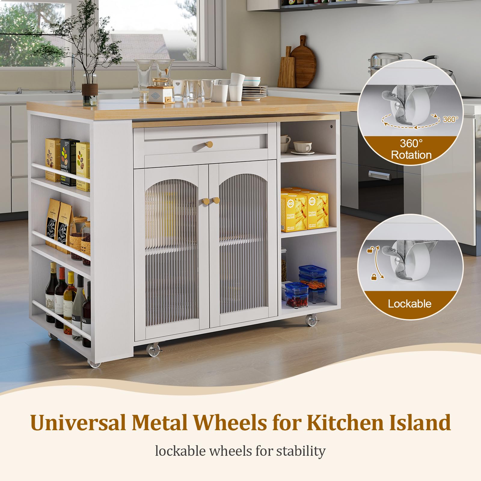 Rolling Kitchen Island with 360° Rotating Tabletop