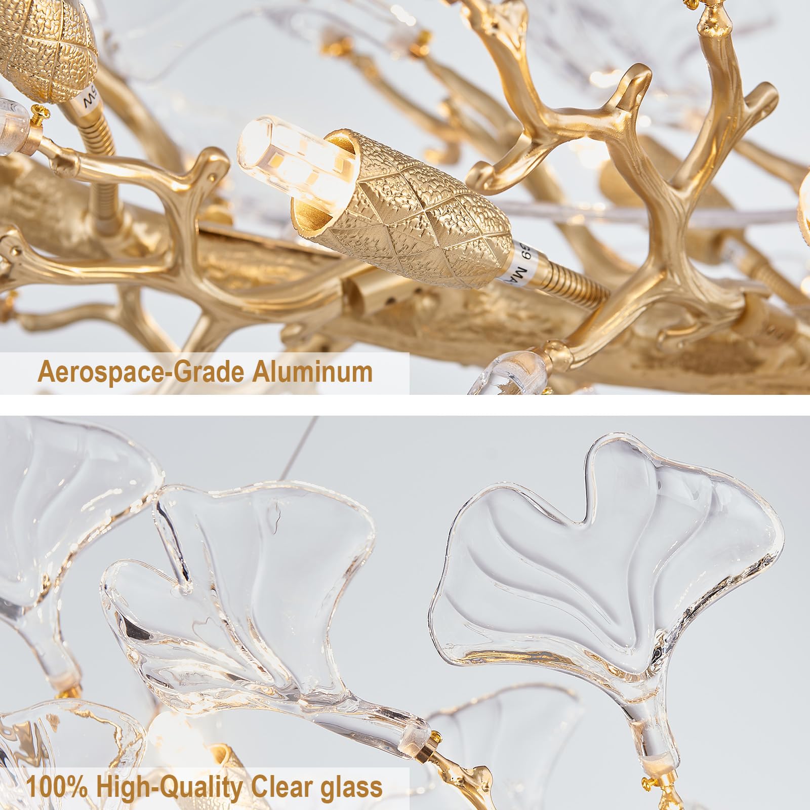 SHEKAITAO Modern Gold Crystal Chandeliers - L72 inch Rectangular Tree Branches Ceiling Pendant Light Fixtures, Natural Artistic-Style Ginkgo Leaf Chandelier for Dining Living Room Kitchen Island