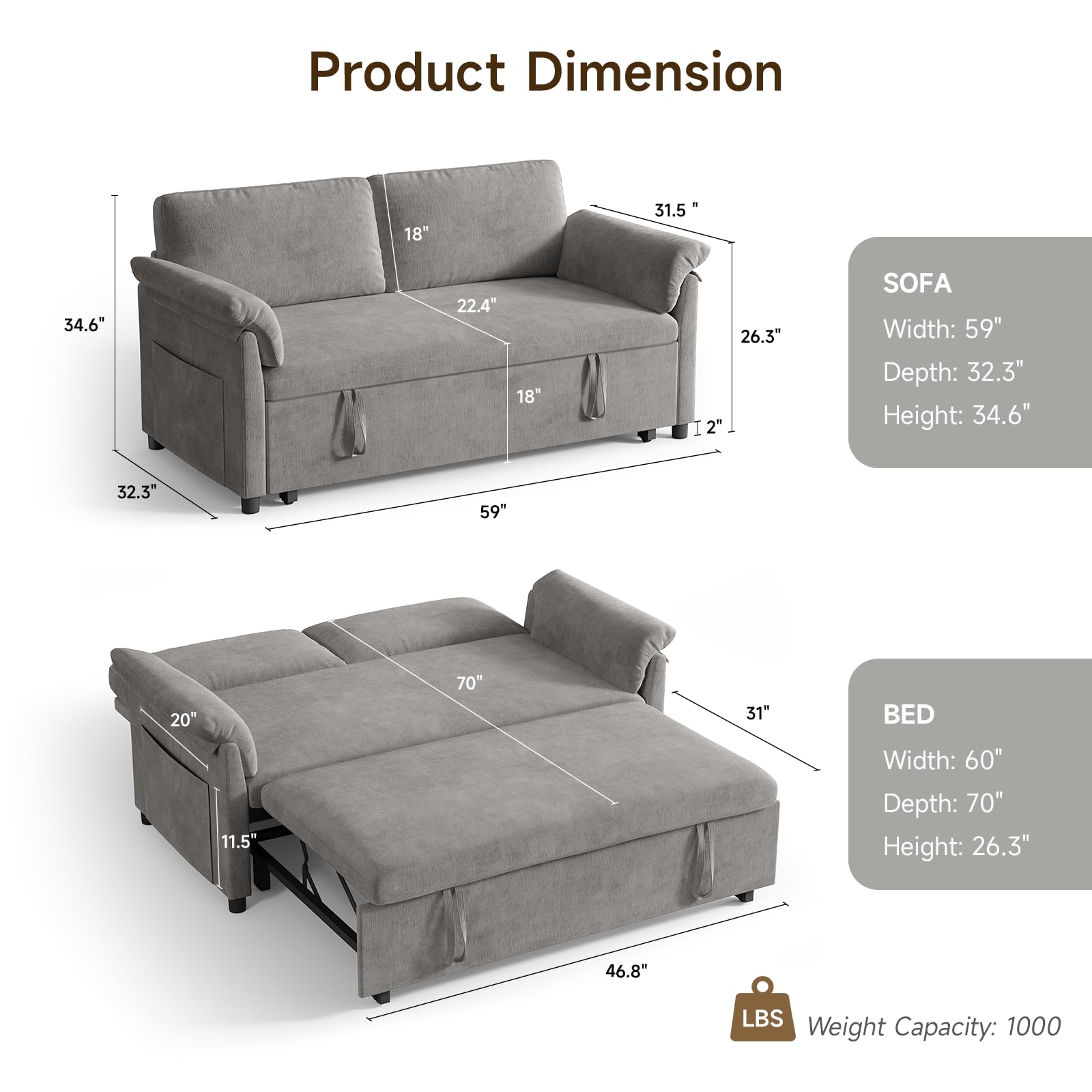 ONBRILL 3 in 1 Convertible Sleeper Sofa Bed,59 Inch Pull Out Couch,Chenille Fabric,Loveseat Sleeper Sofa for Living Room,Bedroom, and Small Space,Grey