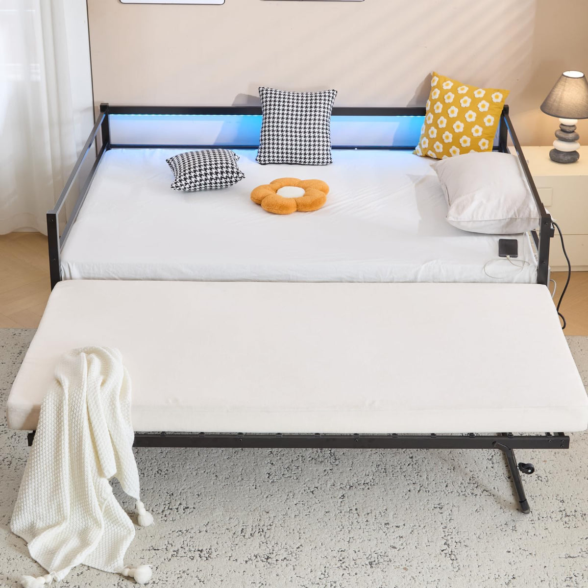 VINGLI Full Metal Daybed with Pop Up Trundle Bed Twin, Sofa Day Bed Frame with Charging Station and LED Lights, Heavy Duty Steel Slats and Pull Out Trundle for Bedroom,Guest Room,Living Room, Black